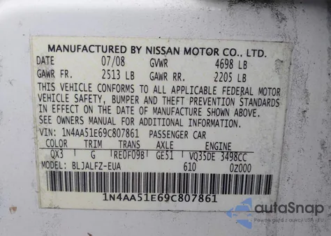 2009 Nissan Maxima 3.5 Sv from USA, damaged, VIN 1N4AA51E69C807861